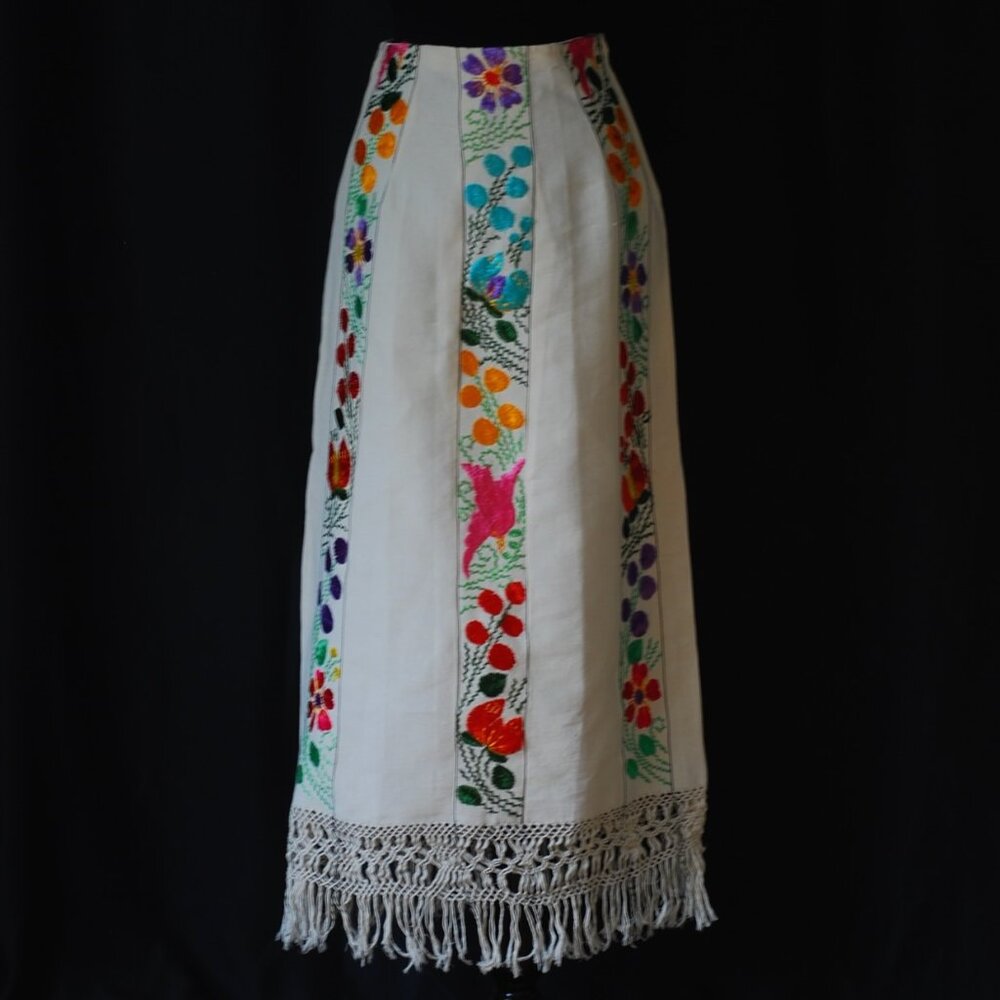 Hand Embroidered Cotton Duck Maxi Skirt With Fringe